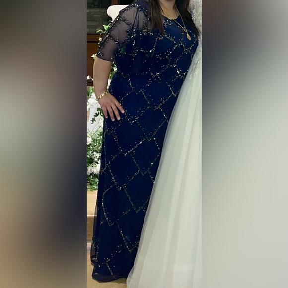 Adrianna Papell HAND-BEADED BLOUSON LONG GOWN WITH FLUTTER SLEEVES IN LIGHT NAVY - Picture 14 of 16